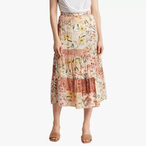 T Tahari Skirt Womens M Tiered Midi Patchwork Floral Prairie Cottage Hippie Boho